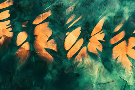 abstract background of green and orange feathers with shadows on the wallの写真素材