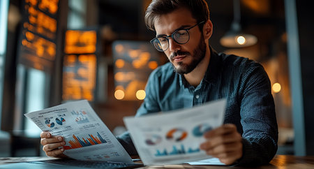 Businessman analyzing investment charts. Handsome young man in eyeglasses holding financial charts while working in officeの写真素材