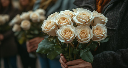 Close-up of bouquet of white roses in woman hands.の写真素材