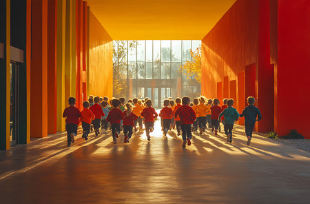 Group of children running together in the hall at school. 3d renderingの写真素材