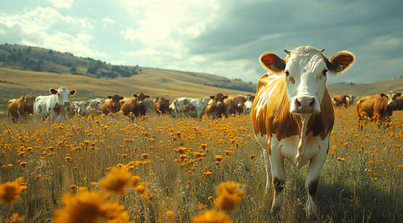 Herd of cows grazing on a meadow with yellow flowers.の写真素材