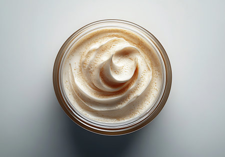 Cup of coffee with whipped cream on white background, top viewの写真素材