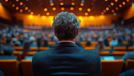Rear view of businessman sitting in front of empty seats in conference hallの写真素材
