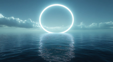 Glowing circle in the sea and blue sky with clouds. 3d renderingの写真素材