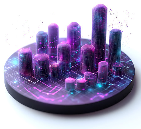3d render of futuristic city with glowing lights on white background.の写真素材