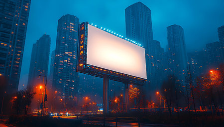 Blank billboard in the city at night with foggy background.の写真素材