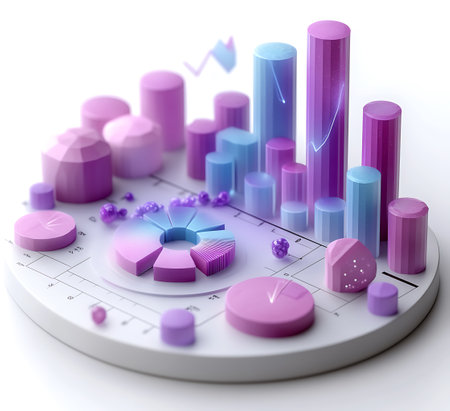 3d illustration of graph with pie chart in white backgrounの写真素材