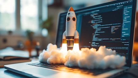 Startup business concept. Rocket launch from the laptop screen. 3D Renderingの写真素材