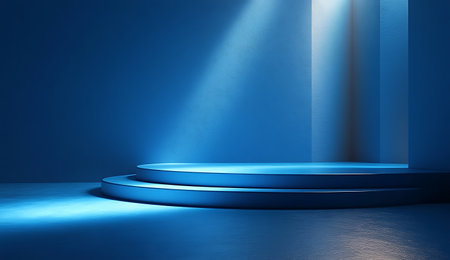 Blue podium with spotlights illuminated by spotlights. 3D renderingの写真素材