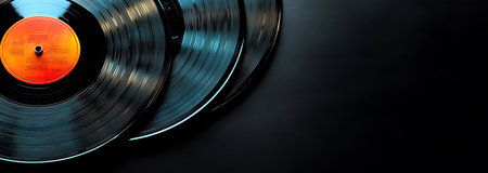 Vinyl record on a black background. Top view with copy spaceの写真素材