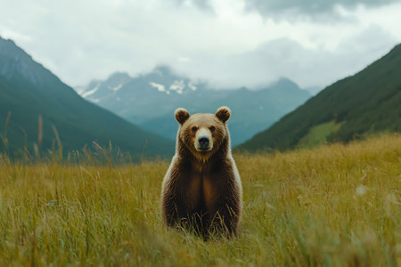 Brown bear on the background of mountains.の写真素材