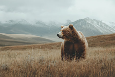 Grizzly bear standing on the autumn meadow in mountainsの写真素材