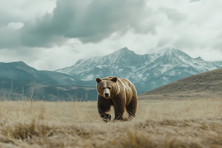 Grizzly Bear on the meadow in front of mountainsの写真素材