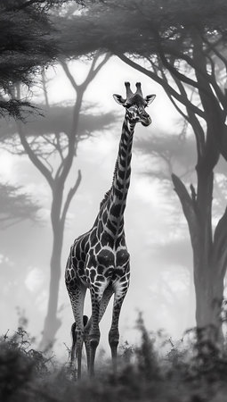 Giraffe in the mist, Black and White, Kruger Park, South Africaの写真素材