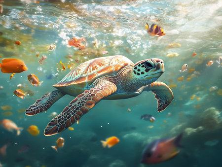 Green sea turtle swims in the sea. 3d illustration.の写真素材