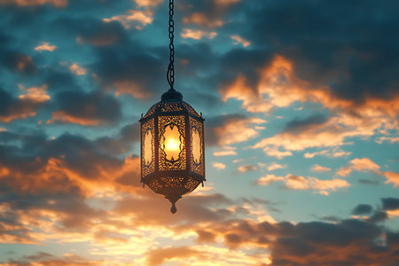 Lantern hanging on a chain at sunset.の写真素材
