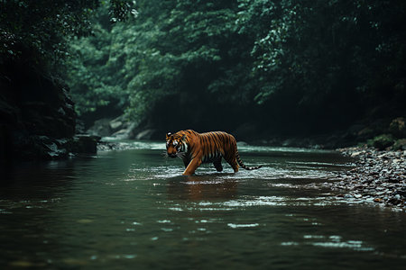 Sumatran tiger walking in the river. Wildlife scene from nature.の写真素材