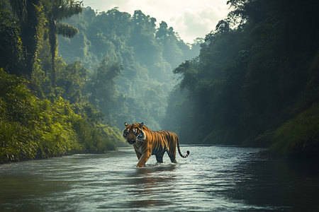 Bengal Tiger walking in the riverの写真素材