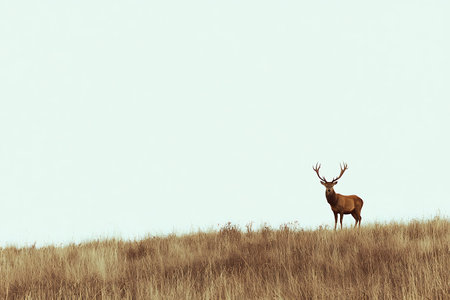 Red deer stag standing on a hill with grass in the background.の写真素材