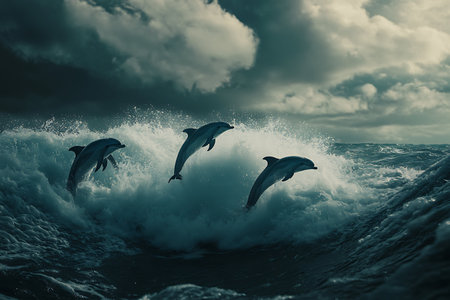 Dolphins jumping out of the ocean waves. Toned image.の写真素材