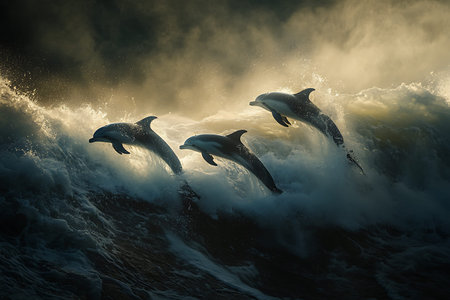 Dolphins jumping out of the ocean waves. Toned image.の写真素材