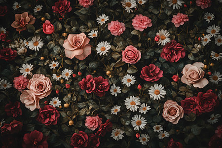 Beautiful floral background with red and pink roses and daisiesの写真素材