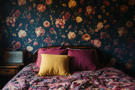 Double bed with colorful pillows in vintage room with floral wallpaper.の写真素材