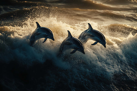 Dolphins jumping out of the ocean at sunset. Toned.の写真素材