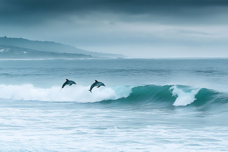 Dolphins jumping on the waves in the Atlantic Ocean. Toned.の写真素材