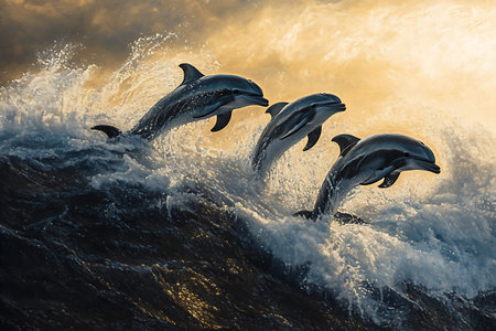 Dolphins jumping out of the water.の写真素材