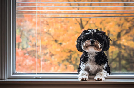 Black and white dog sitting on the windowsill with autumn leaves.の写真素材