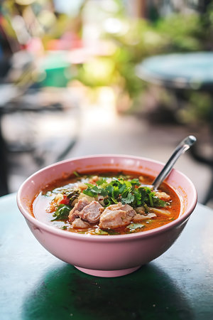 Thai spicy noodle soup with pork and herb in pink bowlの写真素材