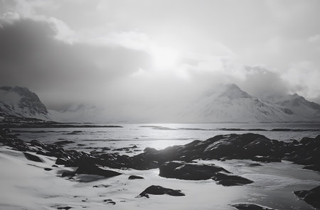 Icelandic landscape with mountains and ocean. Black and white.の写真素材