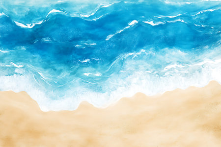 Watercolor seascape with sandy beach and blue sea waves.の写真素材