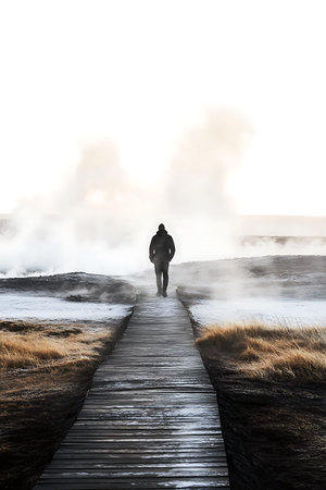 A man walking on a wooden boardwalk through a geothermal area in Icelandの写真素材