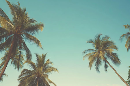 Coconut palm tree on blue sky background - vintage filter effectの写真素材