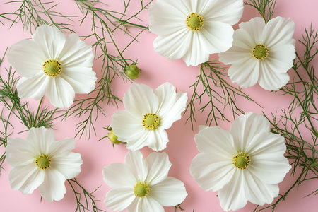 White cosmos flowers on pink background. Flat lay, top view.の写真素材