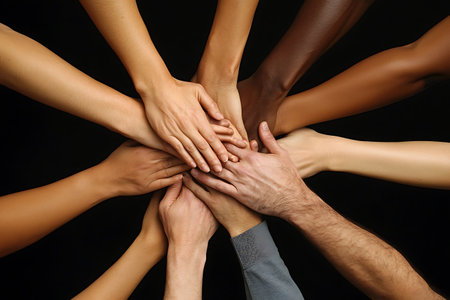 Group of diverse people forming a circle with their hands together, isolated on blackの写真素材