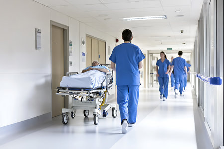 Rear view of a group of doctors and nurses in hospital corridorの写真素材