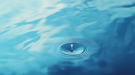 Water drop close up with ripples and waves. Blue background.の写真素材