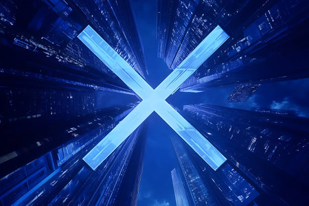 Glowing blue cross in the city at night. 3D renderingの写真素材