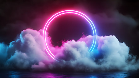 Neon circle in the dark with smoke and fog. 3D renderingの写真素材