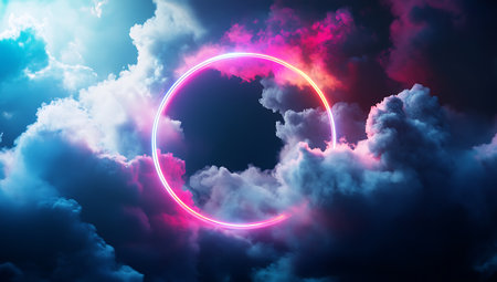 Abstract background with neon circle and clouds. 3D Rendering.の写真素材