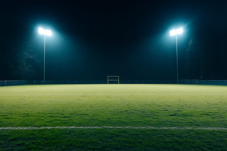 soccer field at night with lights and empty space for your textの素材