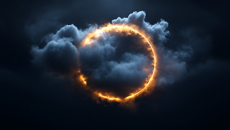 3d illustration of neon circle in the dark with clouds and fireの写真素材