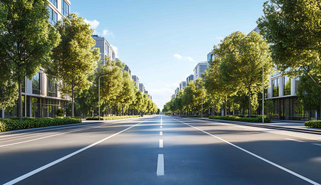 empty asphalt road in modern city with green trees and blue sky backgroundの写真素材