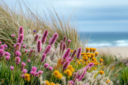 Colorful wildflowers on a sand dune by the oceanの写真素材