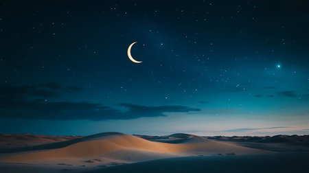 Moon and sand dunes in the desert at night, 3d renderの写真素材