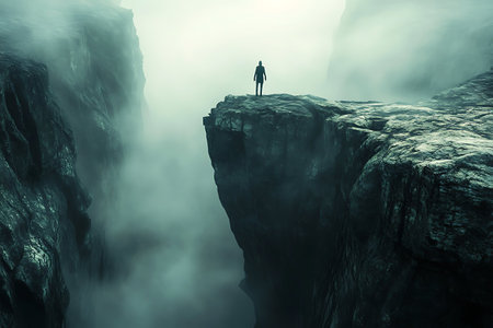 Silhouette of a man standing on the edge of a cliff in the fogの写真素材