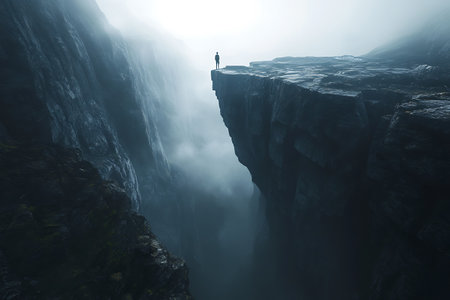 Man standing at the edge of a cliff in a foggy valleyの写真素材
